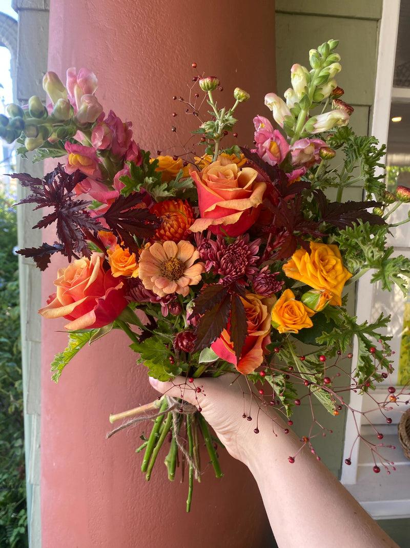 Fall Tones Classic Bouquet with roses, zinnias, strawflower, and more.