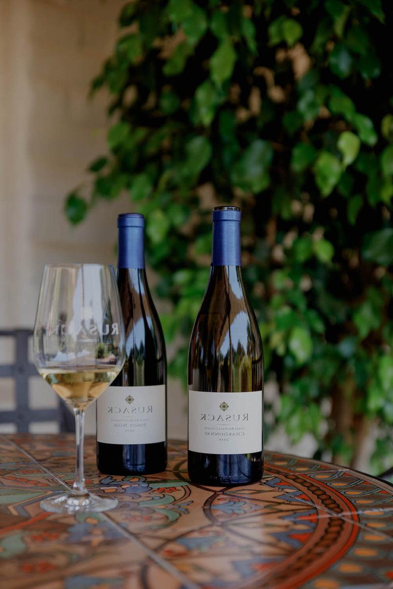 Rusack wine on table, poured in glass